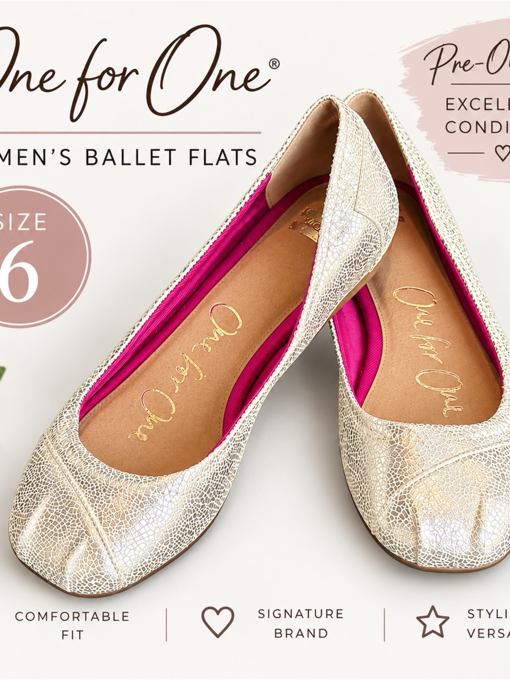 Toms Metallic Ivory Ballet Flats with Hot Pink Lining